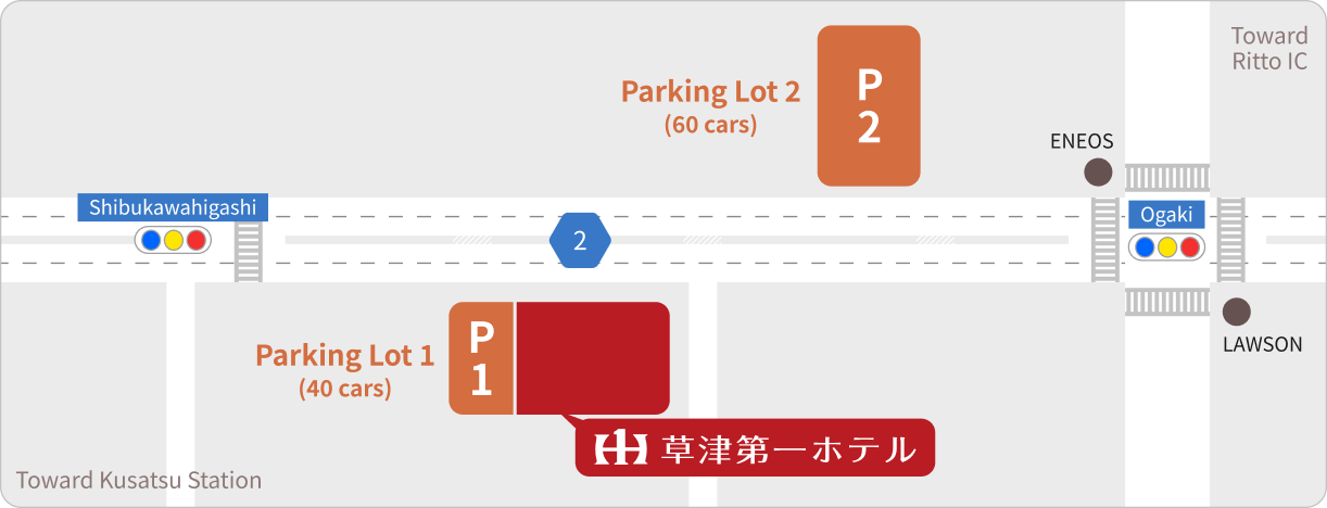 Parking Map: Map of the area around the Kusatsu Daiichi Hotel. The hotel is at the bottom center of the map, with Parking Lot 1 (40-car capacity) shown on the left and Parking Lot 2 (60-car capacity) on the right. The main road (Route 2) runs above the hotel, with the Shibukawa-Higashi intersection shown on the left and the Kogaki intersection on the right. Nearby is an Eneos gas station and a Lawson convenience store.