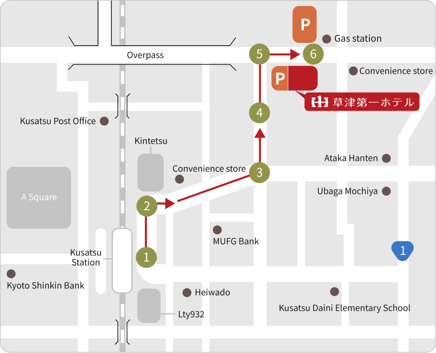  Map from Kusatsu Station: Go down the stairs on the left of the East Exit of Kusatsu Station, go outside and go straight with Kintetsu Department Store on your left, and turn left at the second traffic light [Shibukawa Intersection]. Passing through a residential area, continue straight for 400m, come to a T-junction, turn right at the signal, and you will arrive at our hotel in 100m.